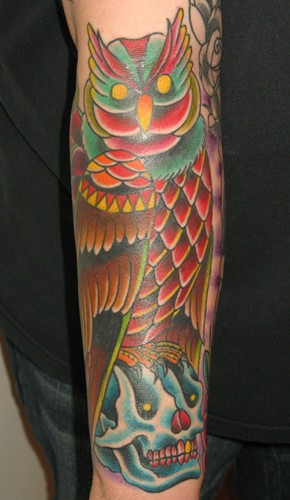 Tattoos - Traditional Old School tattoos - OWL AND SKULL